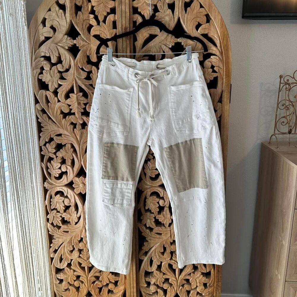Women's White Tan Patchwork Drawstring Pants Trousers Cropped Stretch FP